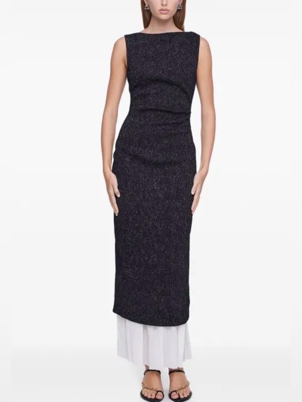 NWT Anna Quan Black Metalic Textured Midi Sheath Dress with Crepe Slip detail